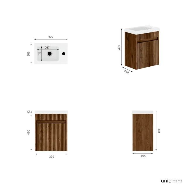 Hawaii Natural Walnut Wall Hung Slimline Basin Vanity 400mm