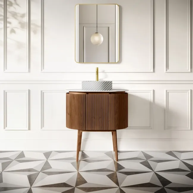 Positano Natural Walnut Curved Vanity Unit with Matt White Stone Top 800mm - Basin Not Included