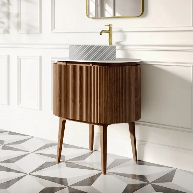 Positano Natural Walnut Curved Vanity Unit with Matt White Stone Top 800mm - Basin Not Included