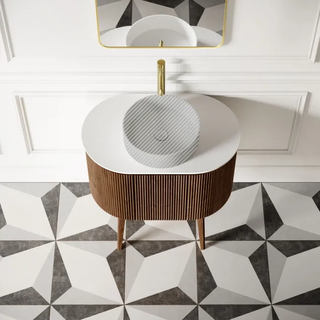 Positano Natural Walnut Curved Vanity Unit with Matt White Stone Top 800mm - Basin Not Included