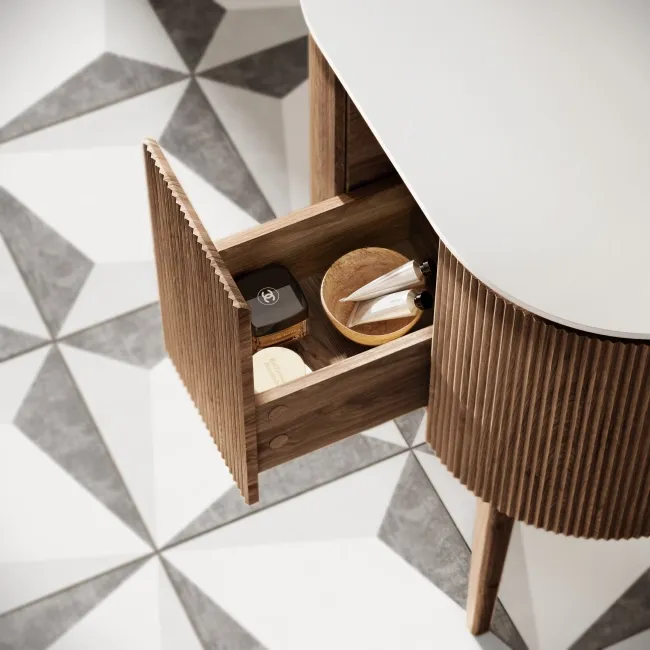 Positano Natural Walnut Curved Vanity Unit with Matt White Stone Top 800mm - Basin Not Included