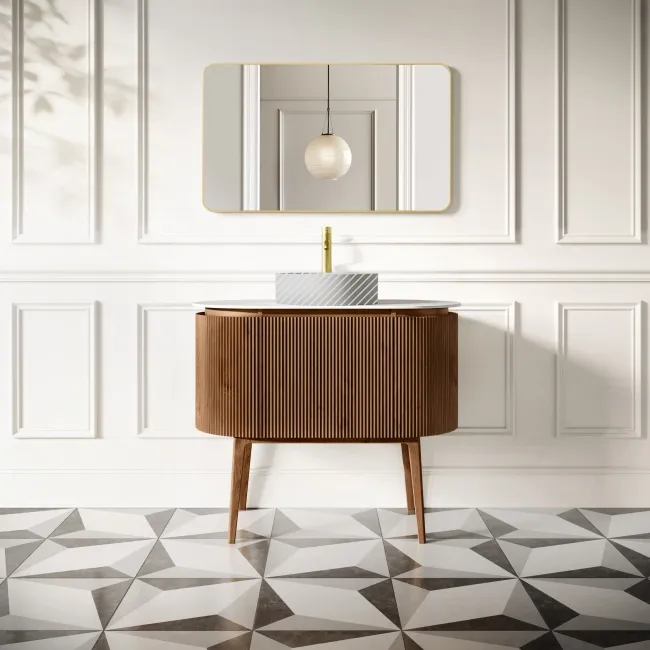 Positano Natural Walnut Curved Vanity Unit with Matt White Stone Top 1000mm - Basin Not Included