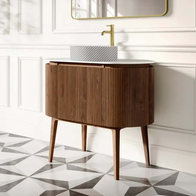 Positano Natural Walnut Curved Vanity Unit with Matt White Stone Top 1000mm - Basin Not Included