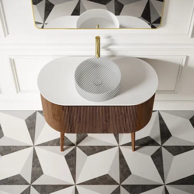 Positano Natural Walnut Curved Vanity Unit with Matt White Stone Top 1000mm - Basin Not Included