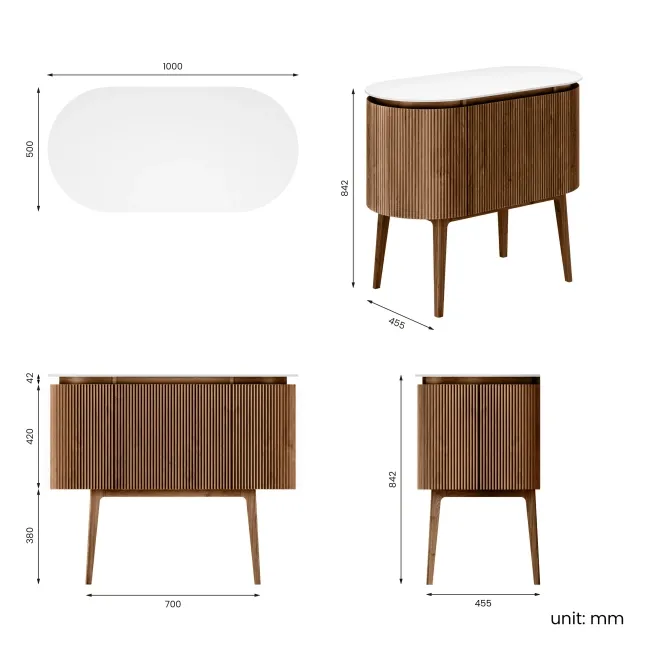 Positano Natural Walnut Curved Vanity Unit with Matt White Stone Top 1000mm - Basin Not Included