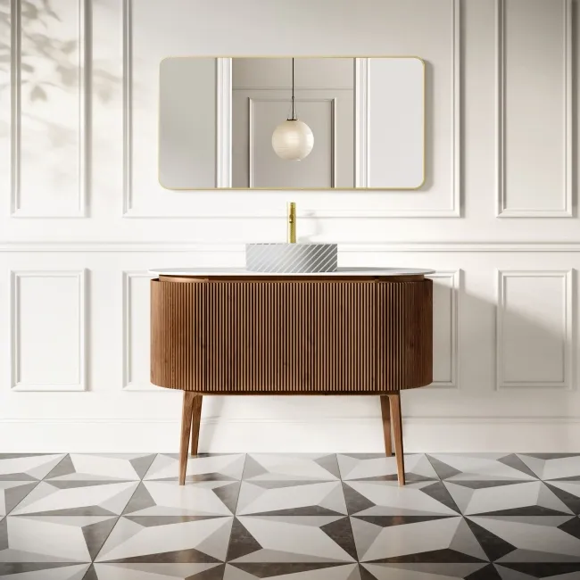 Positano Natural Walnut Curved Vanity Unit with Matt White Stone Top 1200mm - Basin Not Included