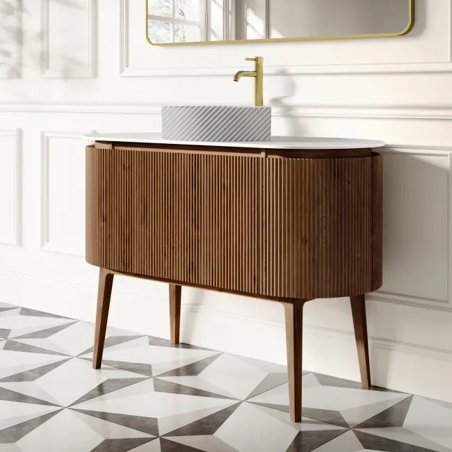 Positano Natural Walnut Curved Vanity Unit with Matt White Stone Top 1200mm - Basin Not Included