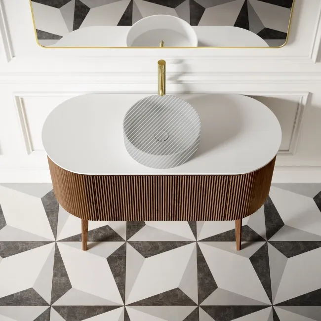 Positano Natural Walnut Curved Vanity Unit with Matt White Stone Top 1200mm - Basin Not Included