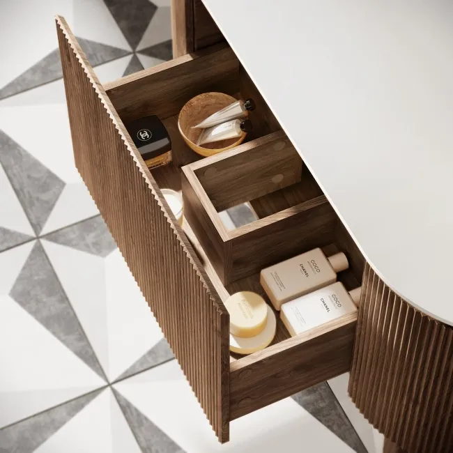 Positano Natural Walnut Curved Vanity Unit with Matt White Stone Top 1200mm - Basin Not Included