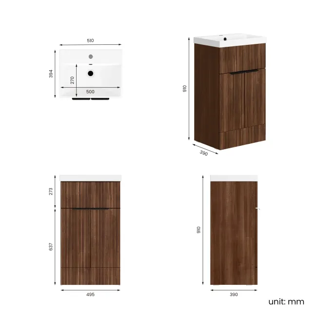 Havana Fluted Black Walnut Basin Vanity 500mm - Black Accents