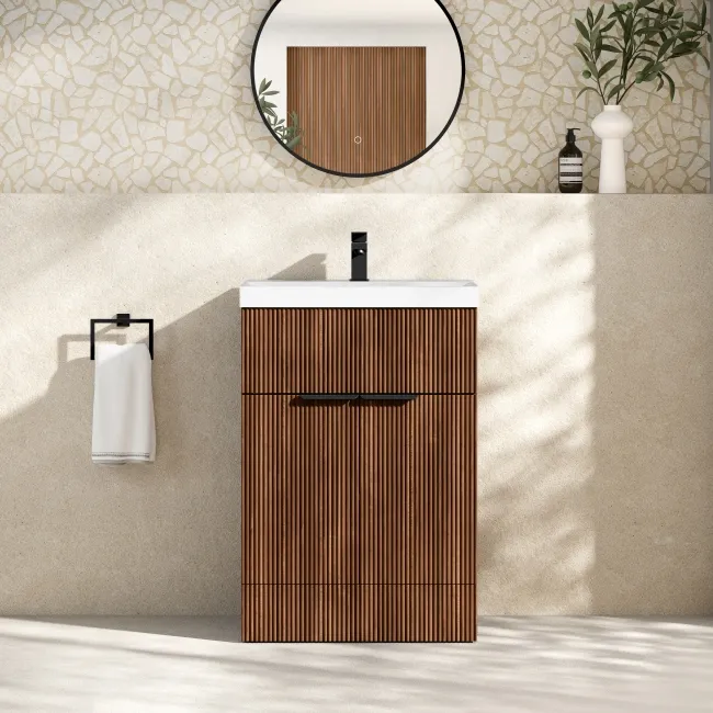 Havana Fluted Black Walnut Basin Vanity 600mm - Black Accents