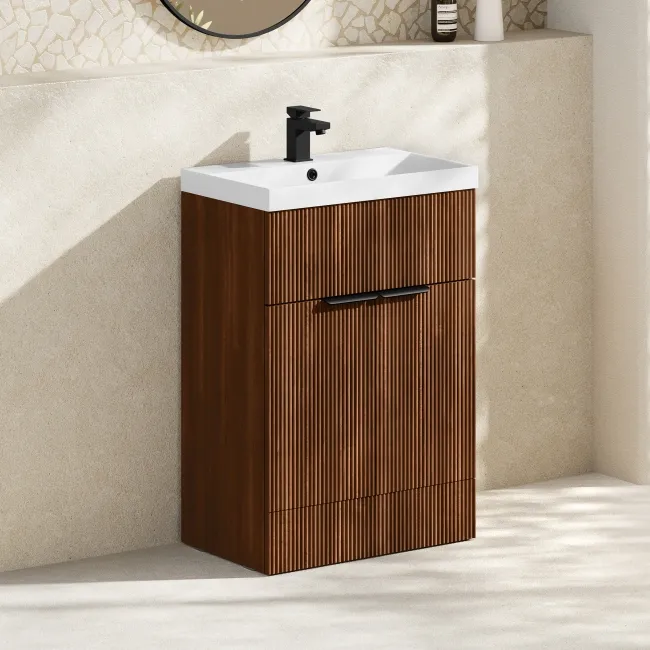 Havana Fluted Black Walnut Basin Vanity 600mm - Black Accents