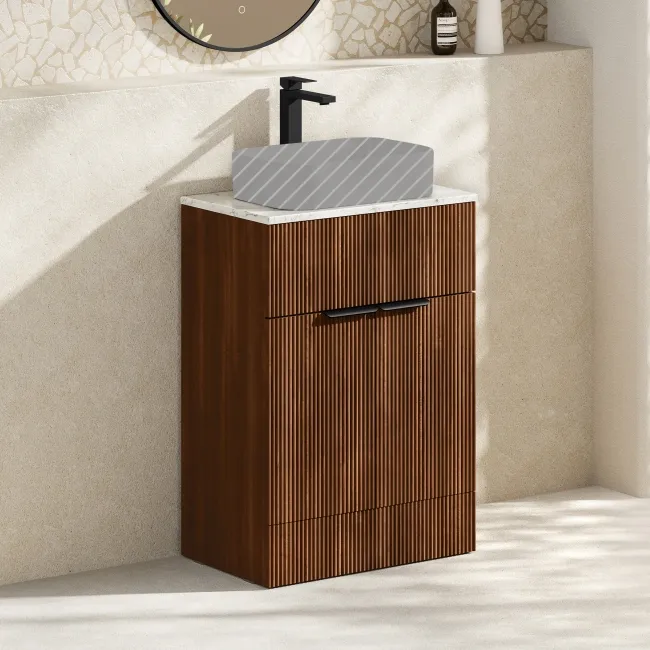 Havana Fluted Black Walnut Cabinet with Marble Top 600mm (Excludes Counter Top Basin) - Black Accents