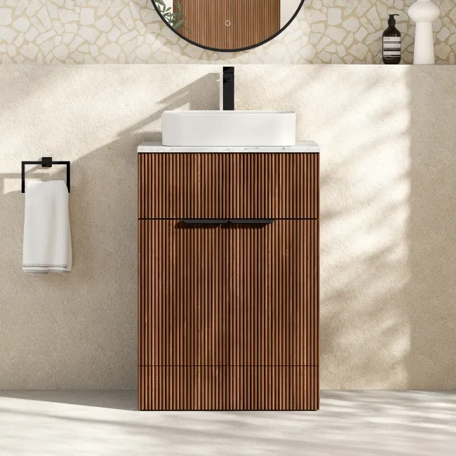 Havana Fluted Black Walnut Cabinet with Marble Top & Marin Basin 600mm - Black Accents
