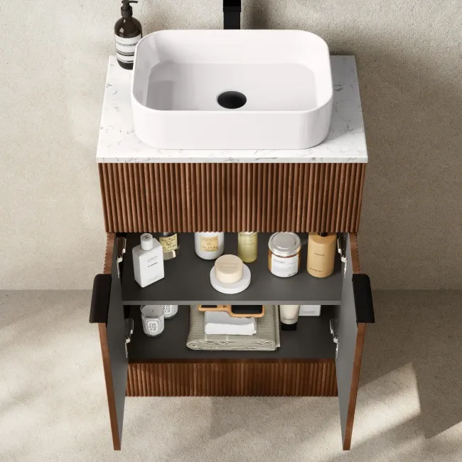Havana Fluted Black Walnut Cabinet with Marble Top & Marin Basin 600mm - Black Accents