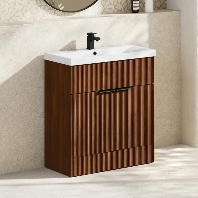Havana Fluted Black Walnut Basin Vanity 800mm - Black Accents