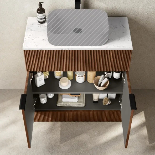 Havana Fluted Black Walnut Cabinet with Marble Top 800mm (Excludes Counter Top Basin) - Black Accents