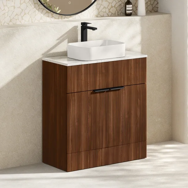 Havana Fluted Black Walnut Cabinet with Marble Top & Marin Basin 800mm - Black Accents