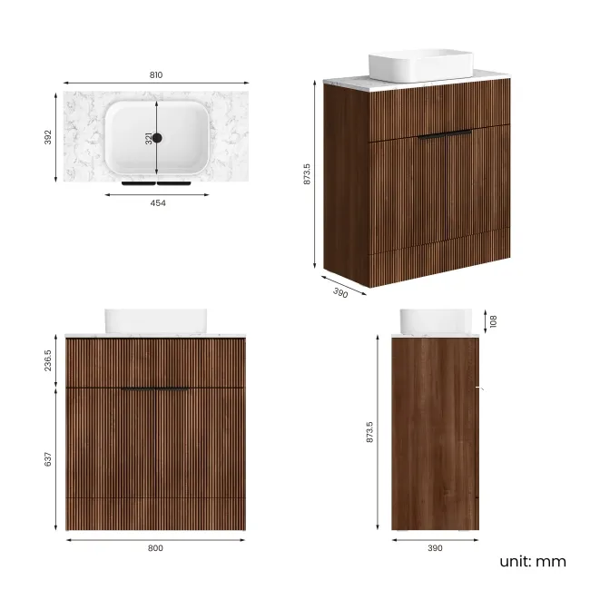 Havana Fluted Black Walnut Cabinet with Marble Top & Marin Basin 800mm - Black Accents