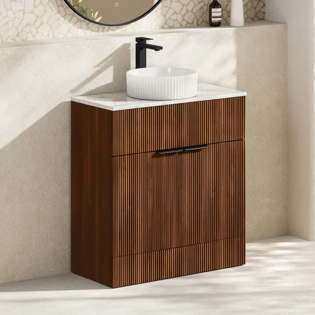 Havana Fluted Black Walnut Cabinet with Marble Top & Nevis Basin 800mm - Black Accents