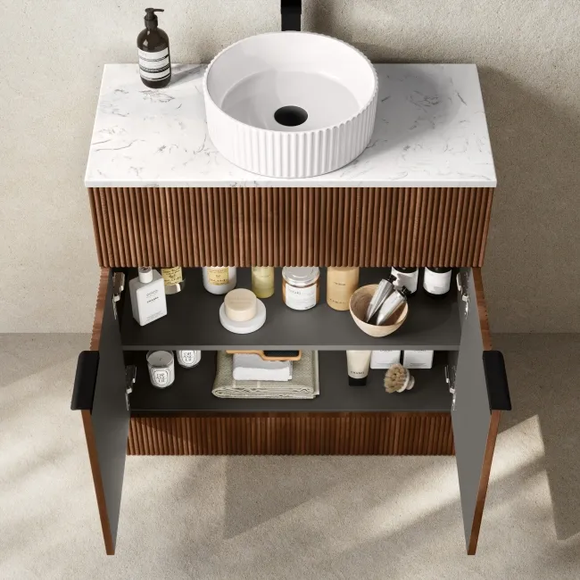 Havana Fluted Black Walnut Cabinet with Marble Top & Nevis Basin 800mm - Black Accents