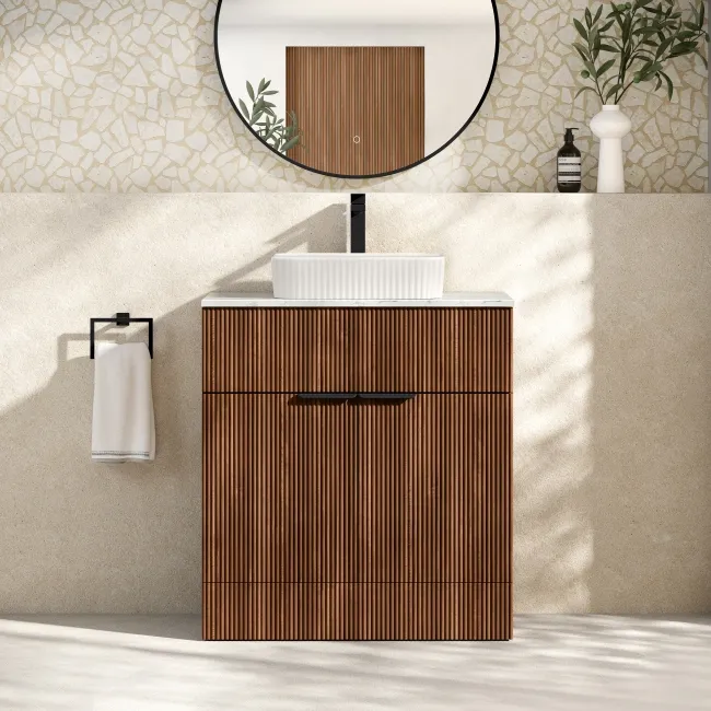 Havana Fluted Black Walnut Cabinet with Marble Top & Reno Basin 800mm - Black Accents