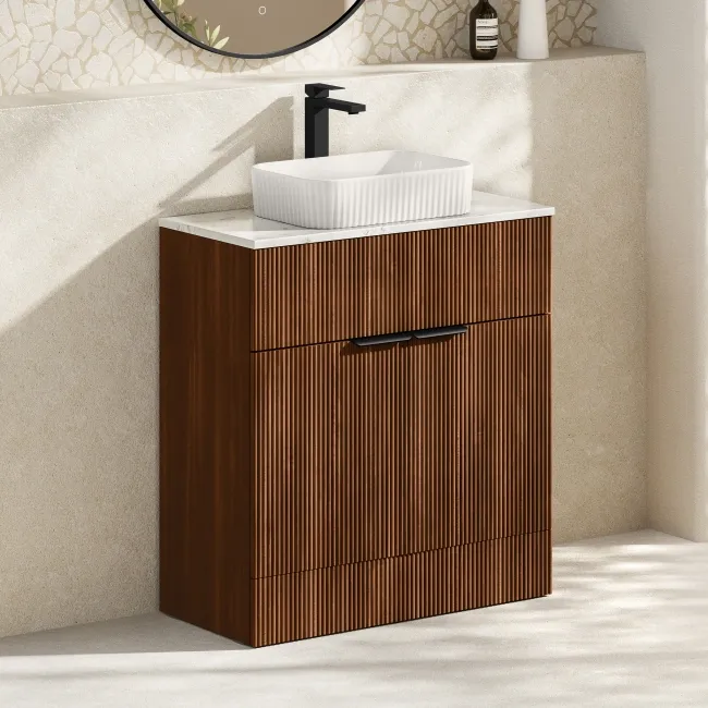 Havana Fluted Black Walnut Cabinet with Marble Top & Reno Basin 800mm - Black Accents