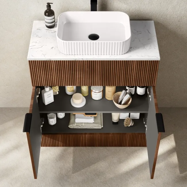 Havana Fluted Black Walnut Cabinet with Marble Top & Reno Basin 800mm - Black Accents