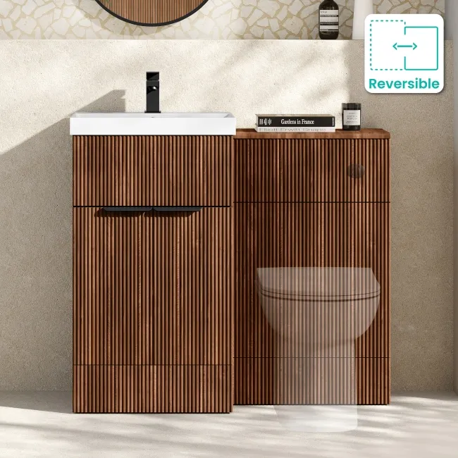 Havana Fluted Black Walnut Basin Vanity and Back To Wall Toilet Unit 1000mm (Excludes Toilet) - Black Accents