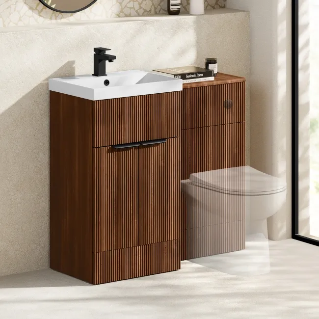 Havana Fluted Black Walnut Basin Vanity and Back To Wall Toilet Unit 1000mm (Excludes Toilet) - Black Accents