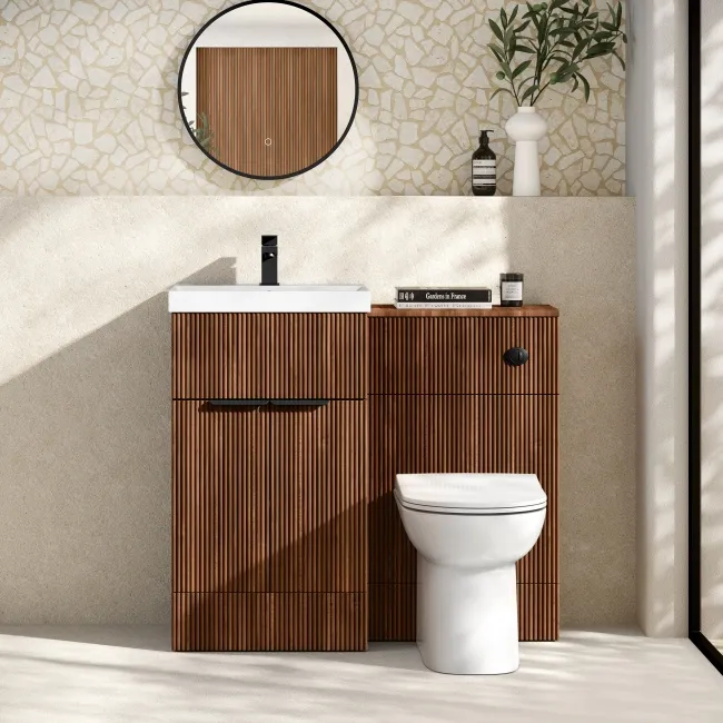 Havana Fluted Black Walnut Combination Vanity Basin and Aruba Toilet 1000mm - Black Accents