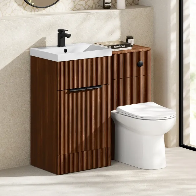 Havana Fluted Black Walnut Combination Vanity Basin and Aruba Toilet 1000mm - Black Accents