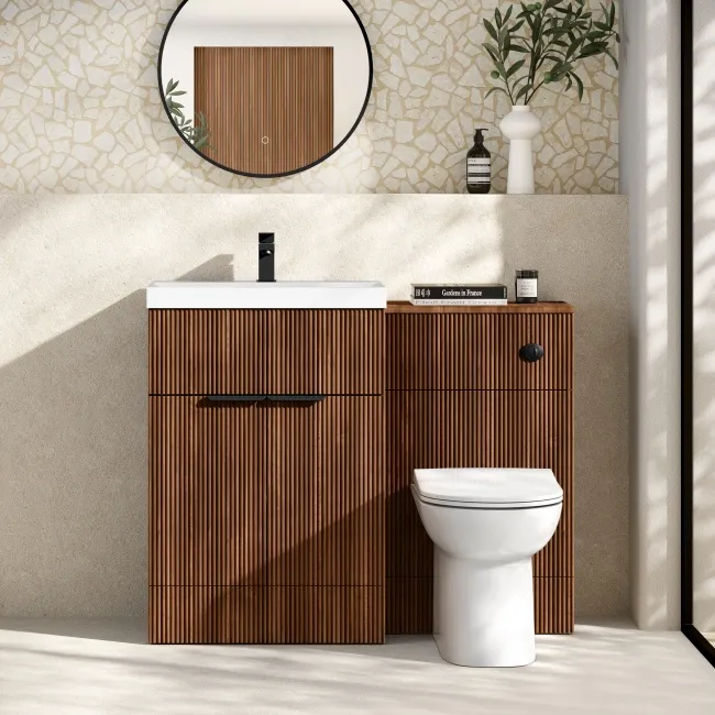 Havana Fluted Black Walnut Combination Vanity Basin and Aruba Toilet 1100mm - Black Accents