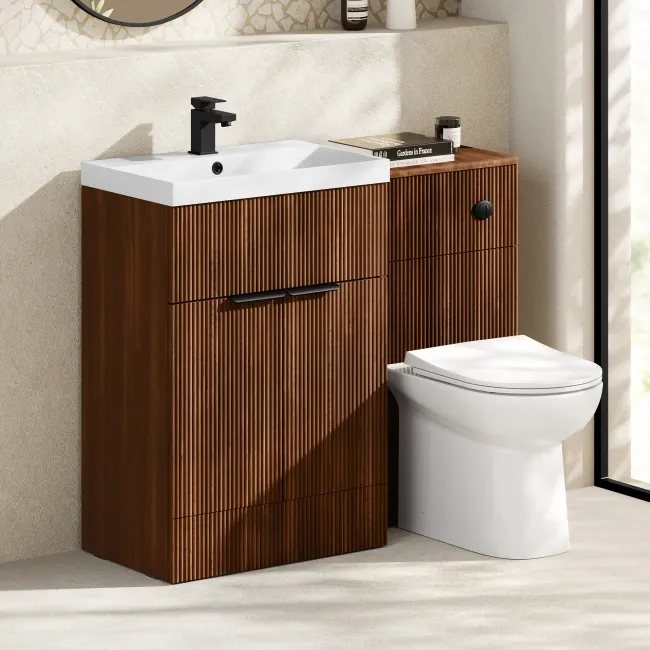 Havana Fluted Black Walnut Combination Vanity Basin and Aruba Toilet 1100mm - Black Accents
