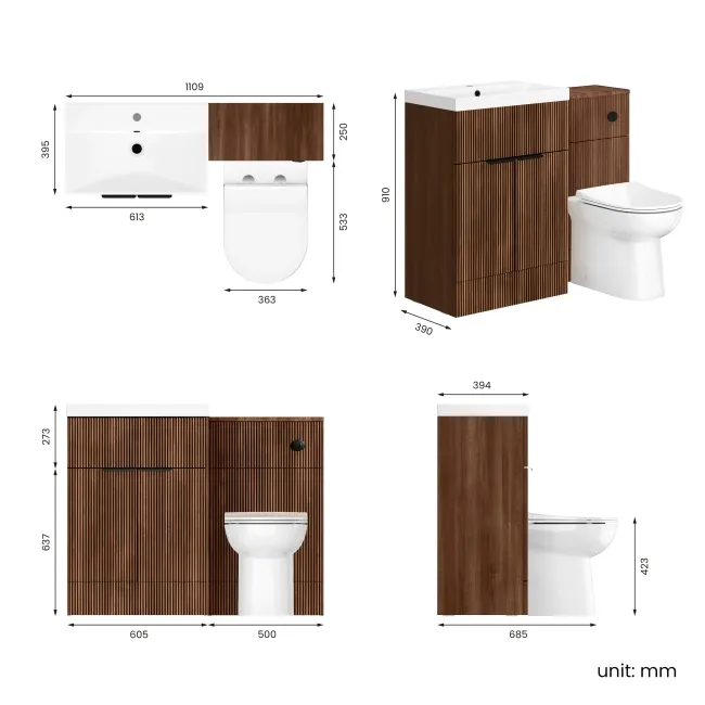 Havana Fluted Black Walnut Combination Vanity Basin and Aruba Toilet 1100mm - Black Accents