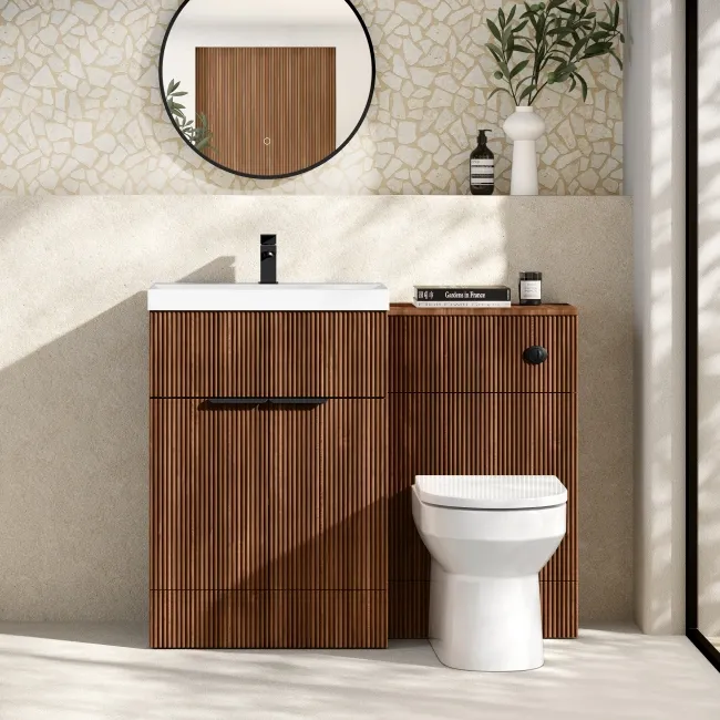 Havana Fluted Black Walnut Combination Vanity Basin and Miami Toilet 1100mm - Black Accents