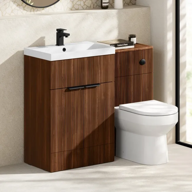 Havana Fluted Black Walnut Combination Vanity Basin and Miami Toilet 1100mm - Black Accents