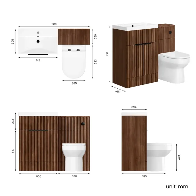Havana Fluted Black Walnut Combination Vanity Basin and Miami Toilet 1100mm - Black Accents
