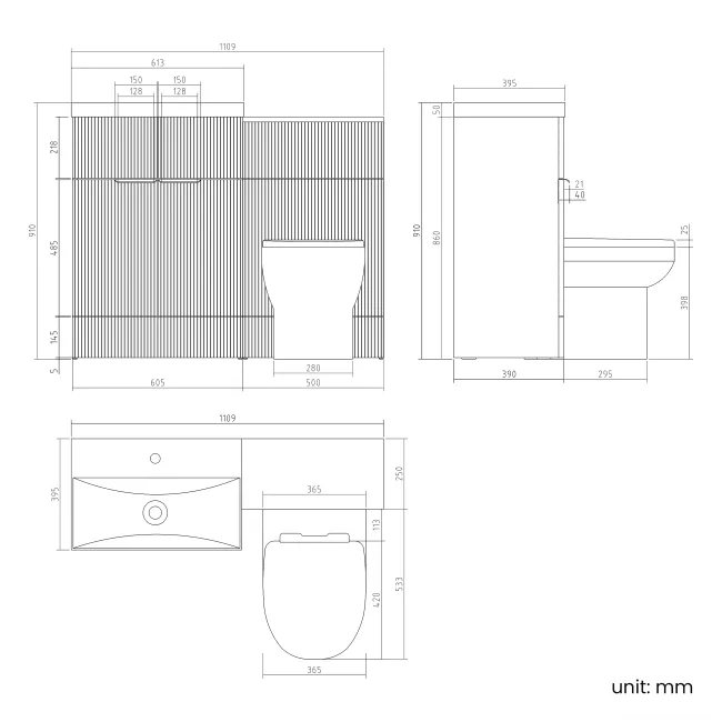Havana Fluted Black Walnut Combination Vanity Basin and Miami Toilet 1100mm - Black Accents