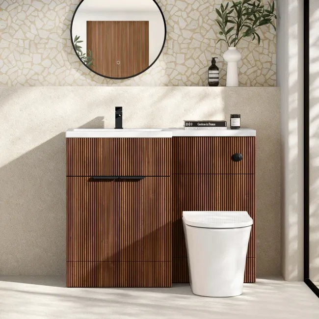 Havana Fluted Black Walnut Combination Vanity Basin and Tucson Toilet 1100mm - Black Accents - Left Handed