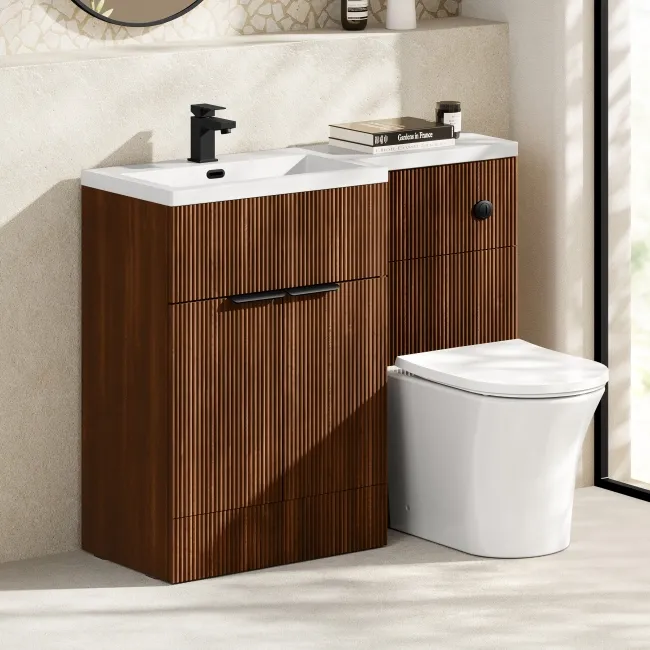 Havana Fluted Black Walnut Combination Vanity Basin and Tucson Toilet 1100mm - Black Accents - Left Handed
