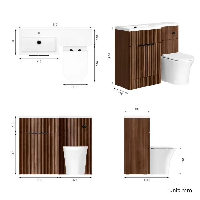 Havana Fluted Black Walnut Combination Vanity Basin and Tucson Toilet 1100mm - Black Accents - Left Handed