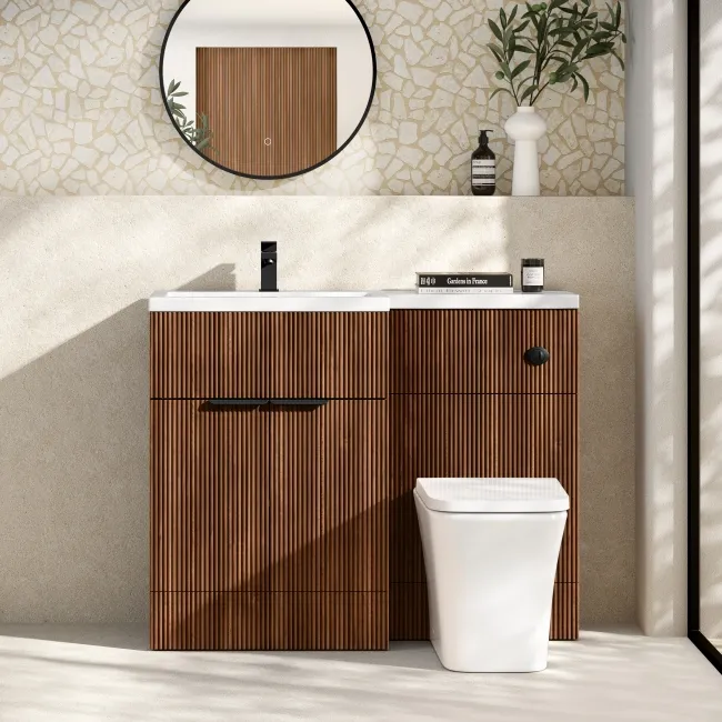Havana Fluted Black Walnut Combination Vanity Basin and Houston Toilet 1100mm - Black Accents - Left Handed