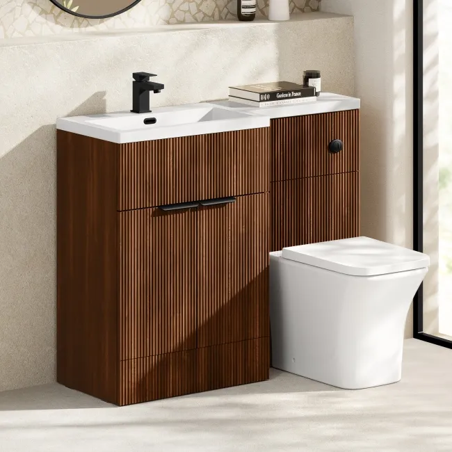 Havana Fluted Black Walnut Combination Vanity Basin and Houston Toilet 1100mm - Black Accents - Left Handed
