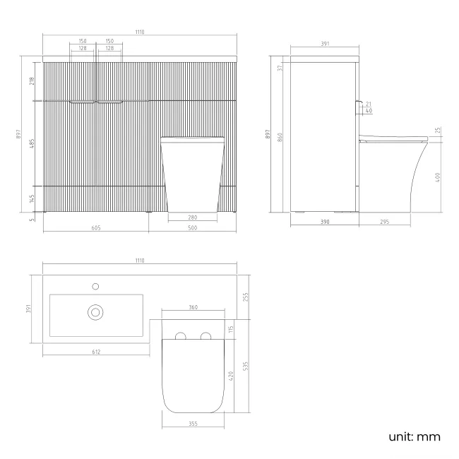 Havana Fluted Black Walnut Combination Vanity Basin and Houston Toilet 1100mm - Black Accents - Left Handed