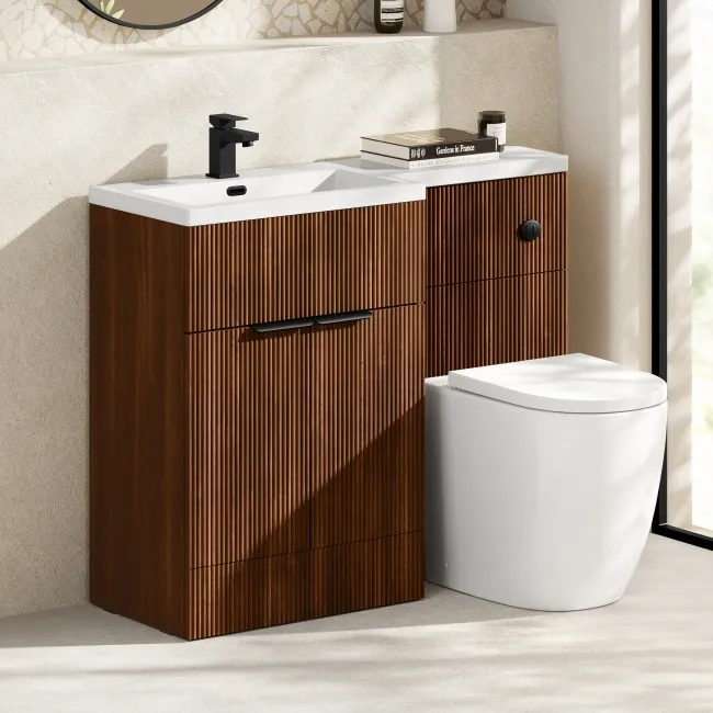 Havana Fluted Black Walnut Combination Vanity Basin and Utah Comfort Height Toilet 1100mm - Black Accents - Left Handed
