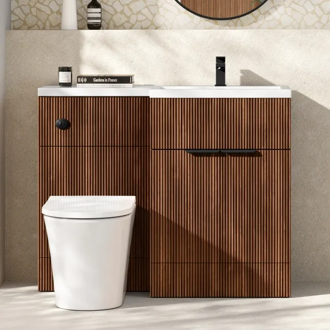 Havana Fluted Black Walnut Combination Vanity Basin and Tucson Toilet 1100mm - Black Accents - Right Handed