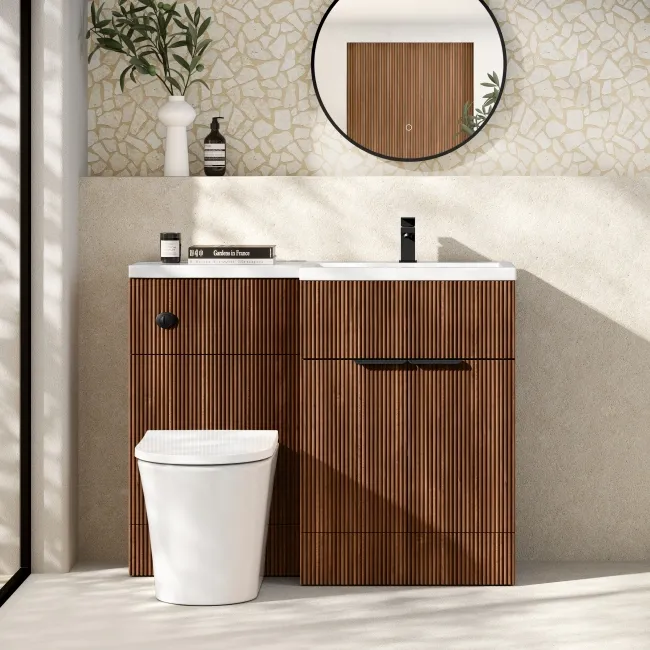 Havana Fluted Black Walnut Combination Vanity Basin and Tucson Toilet 1100mm - Black Accents - Right Handed