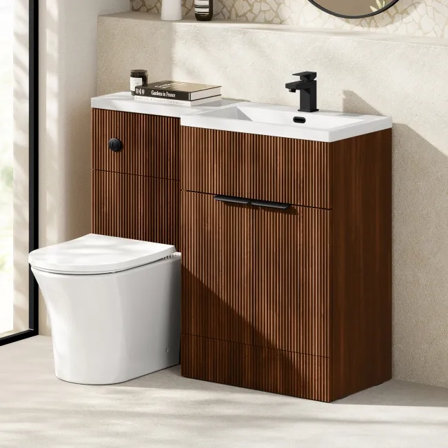 Havana Fluted Black Walnut Combination Vanity Basin and Tucson Toilet 1100mm - Black Accents - Right Handed