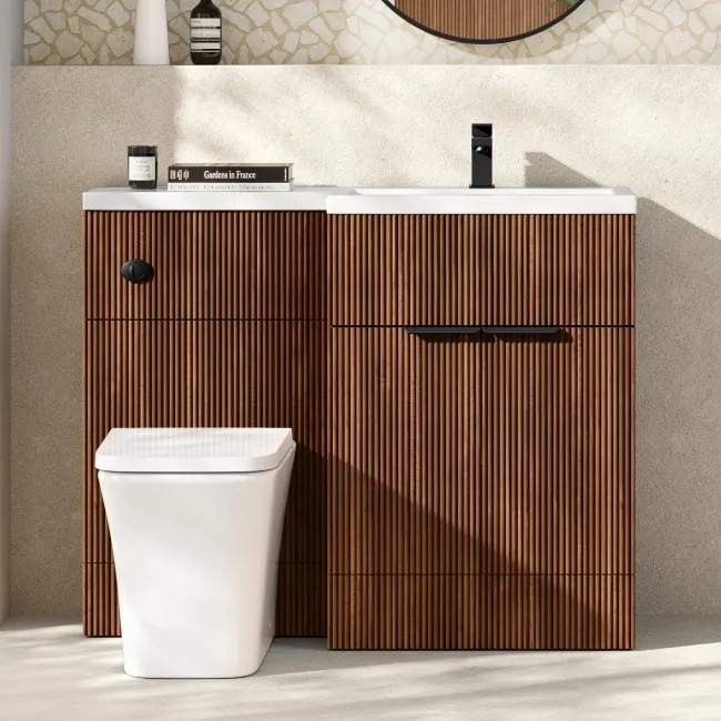 Havana Fluted Black Walnut Combination Vanity Basin and Houston Toilet 1100mm - Black Accents - Right Handed